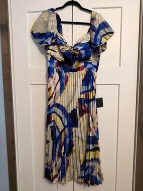 Lulu's Blue, Yellow and Cream Abstract Pleated Midi Dress